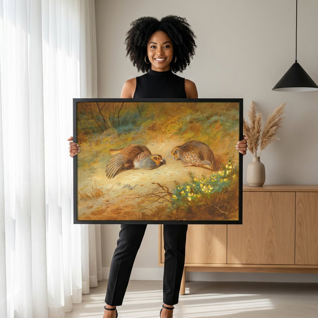 Quadro Decorativo Perdizes no Campo - Archibald Thorburn com modelo em ambiente