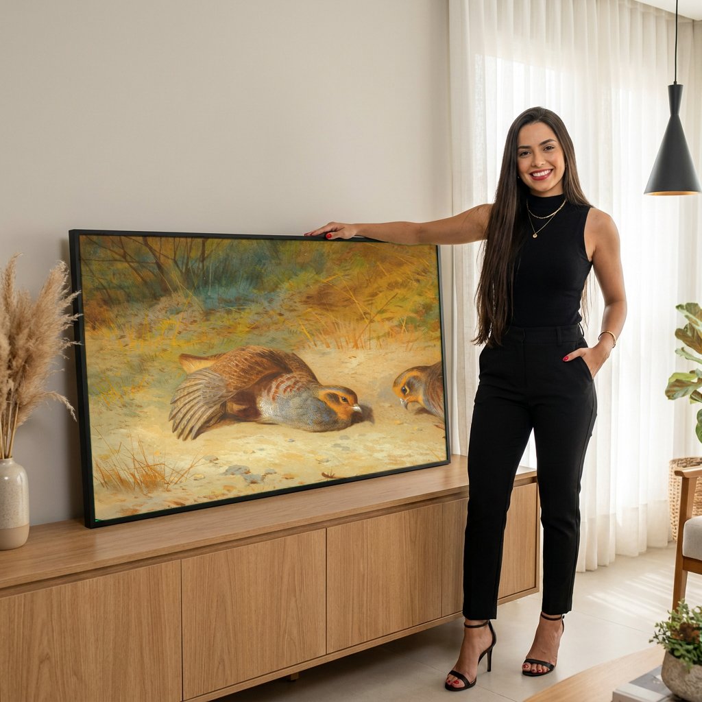 Quadro Decorativo Perdizes no Campo - Archibald Thorburn com modelo em ambiente