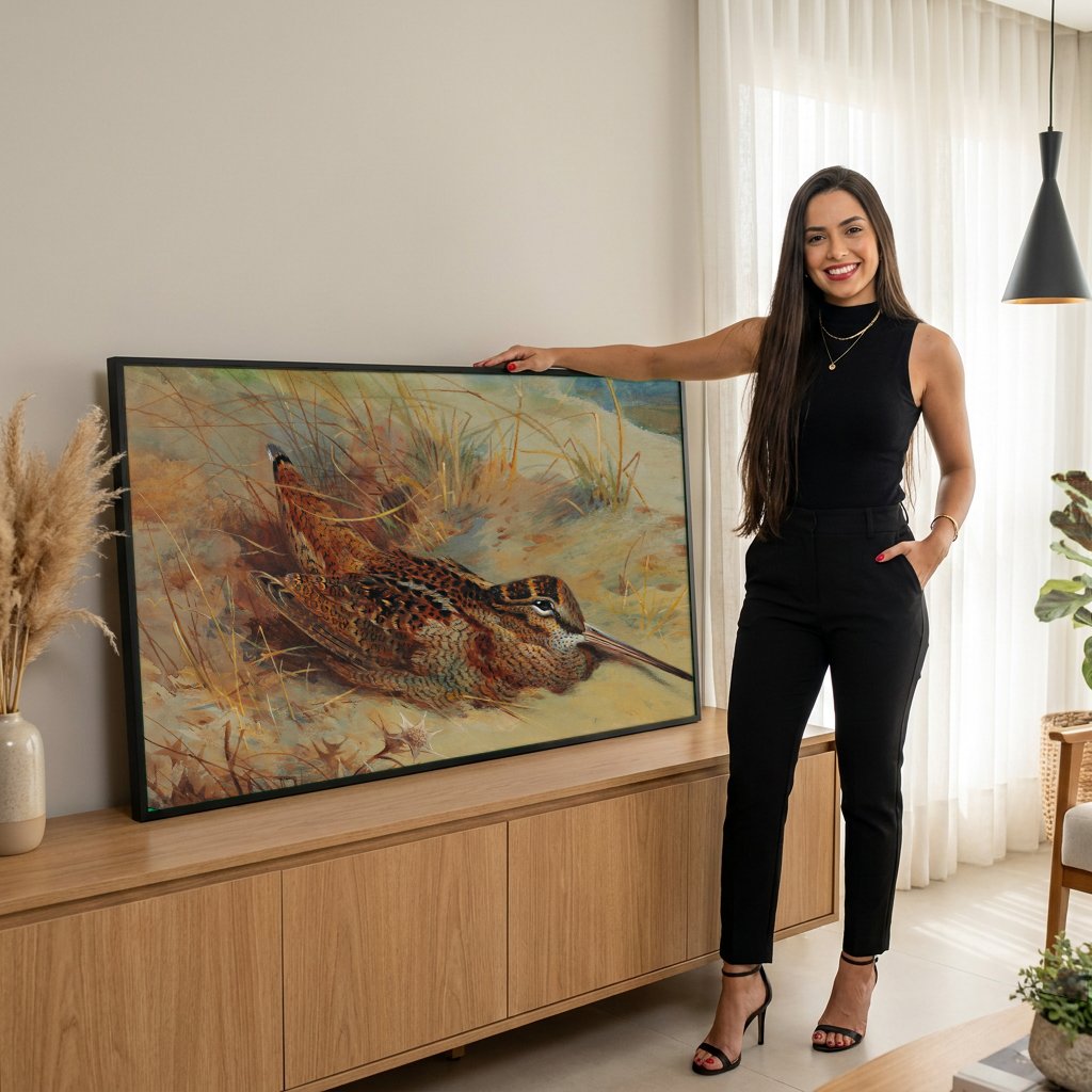 Quadro Decorativo Maçarico na Praia - Archibald Thorburn com modelo em ambiente