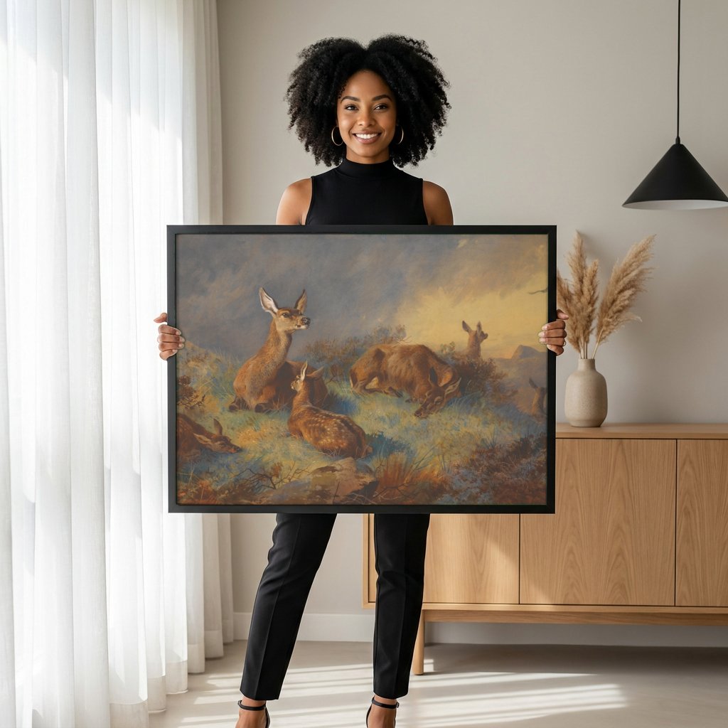 Quadro Decorativo: Veados no Pântano - Archibald Thorburn com modelo em ambiente