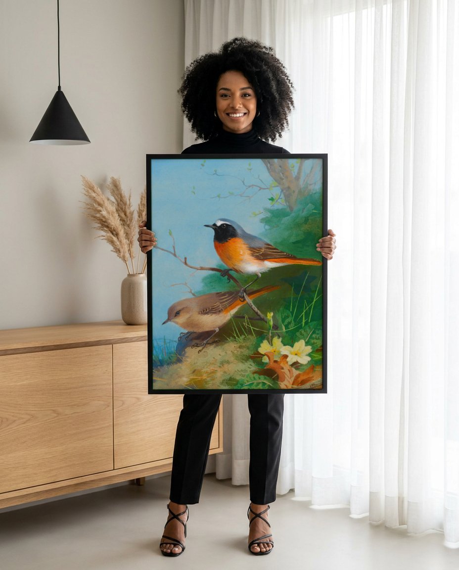 Quadro Decorativo Pássaros em Galho - Archibald Thorburn com modelo em ambiente