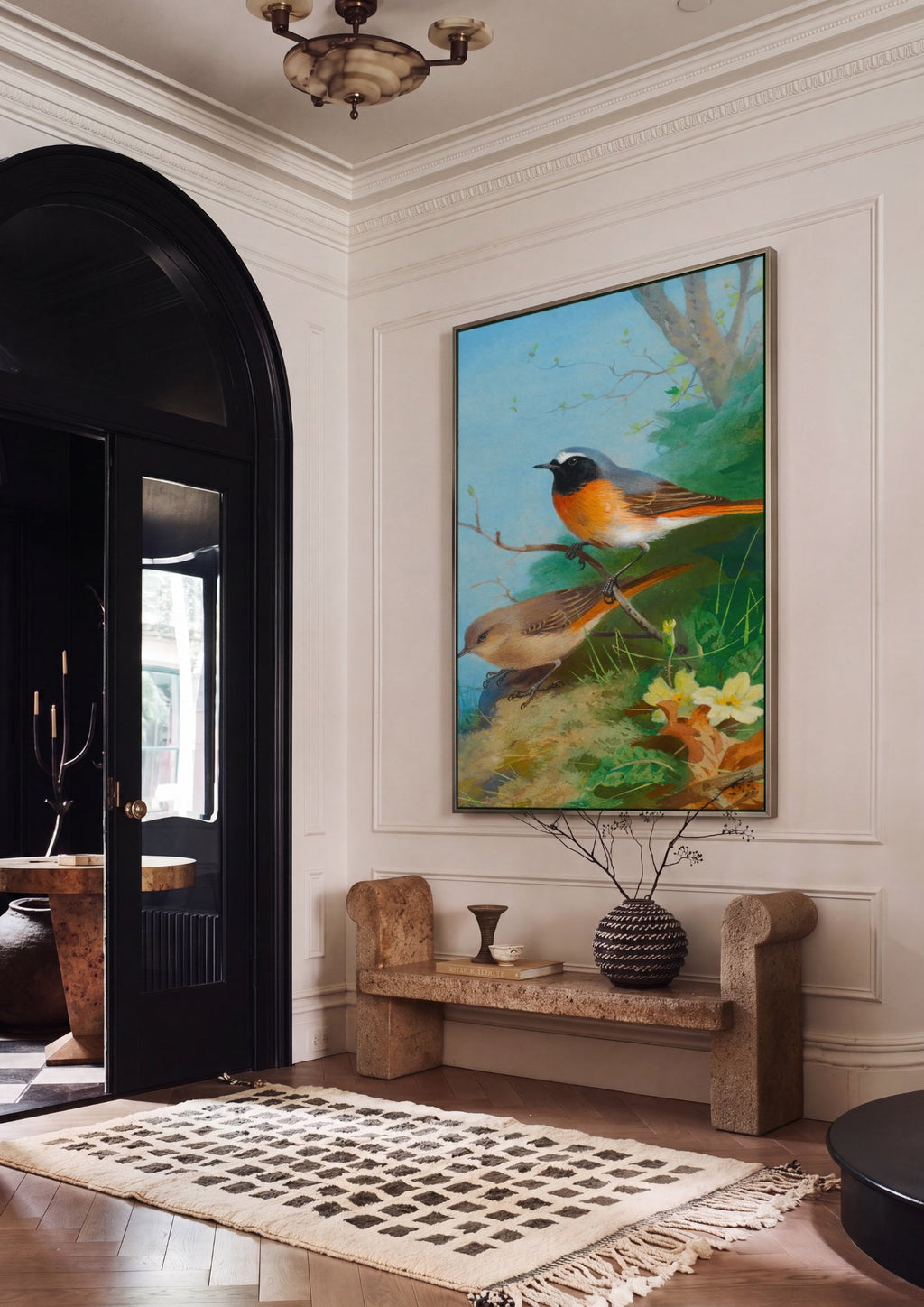 Quadro Decorativo Pássaros em Galho - Archibald Thorburn em ambiente decorado