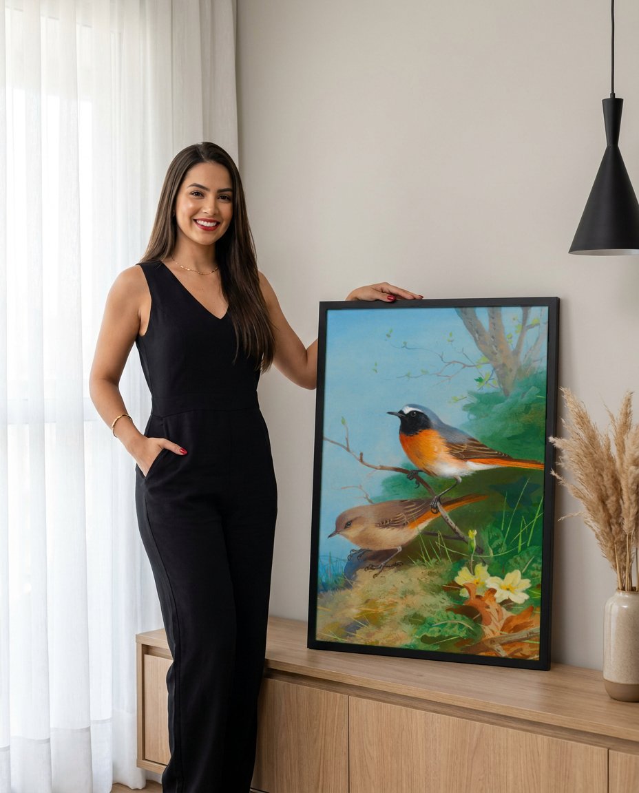 Quadro Decorativo Pássaros em Galho - Archibald Thorburn com modelo em ambiente