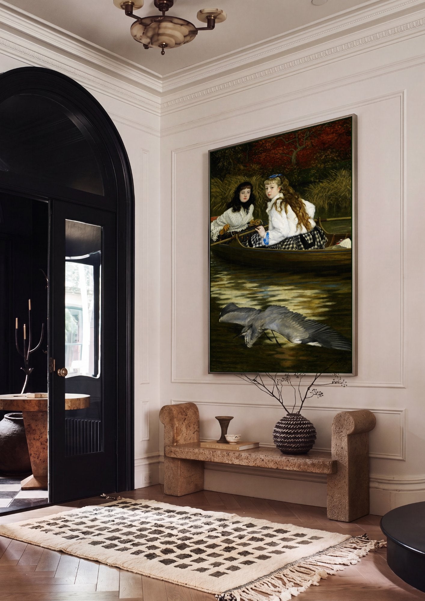 Quadro Decorativo Duas Garotas em Barco com Garça - Tissot em ambiente decorado