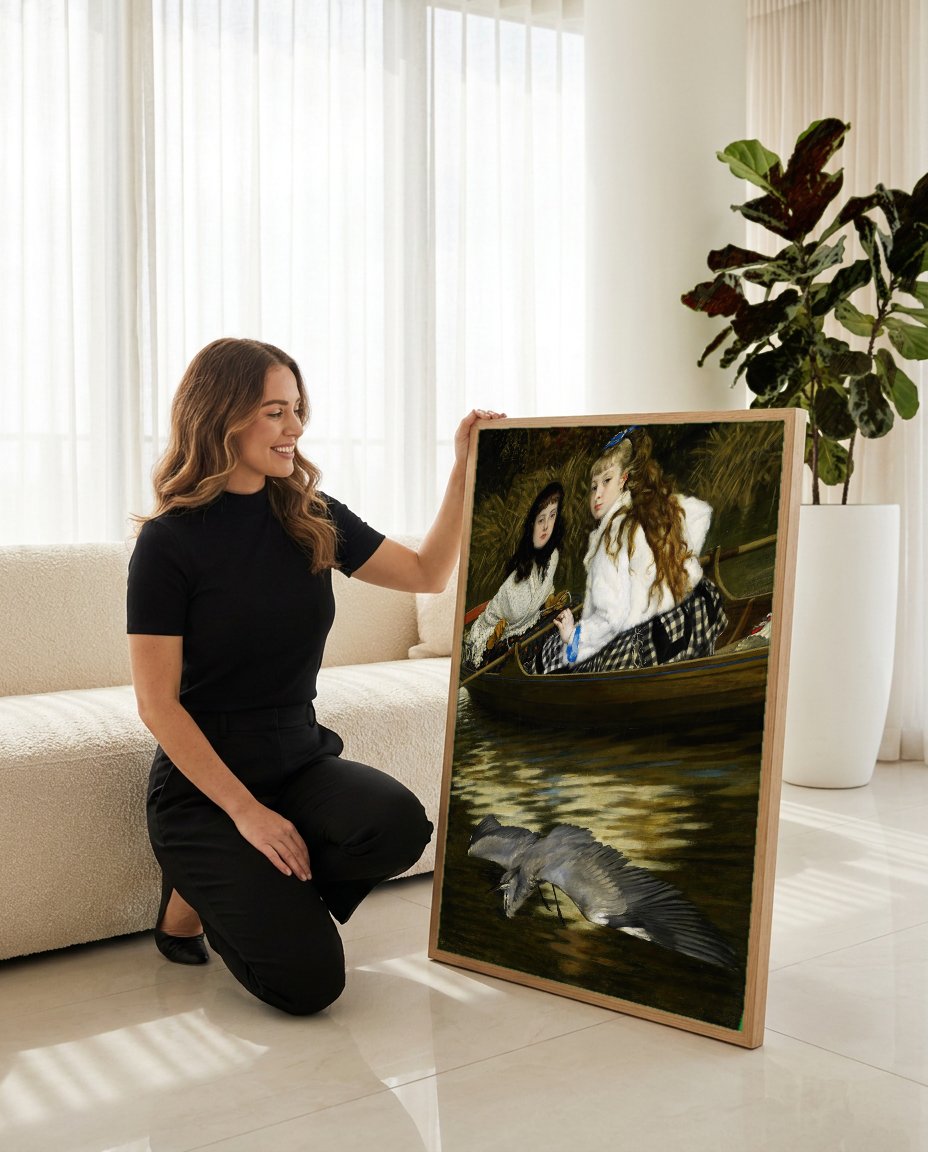 Quadro Decorativo Duas Garotas em Barco com Garça - Tissot com modelo em ambiente