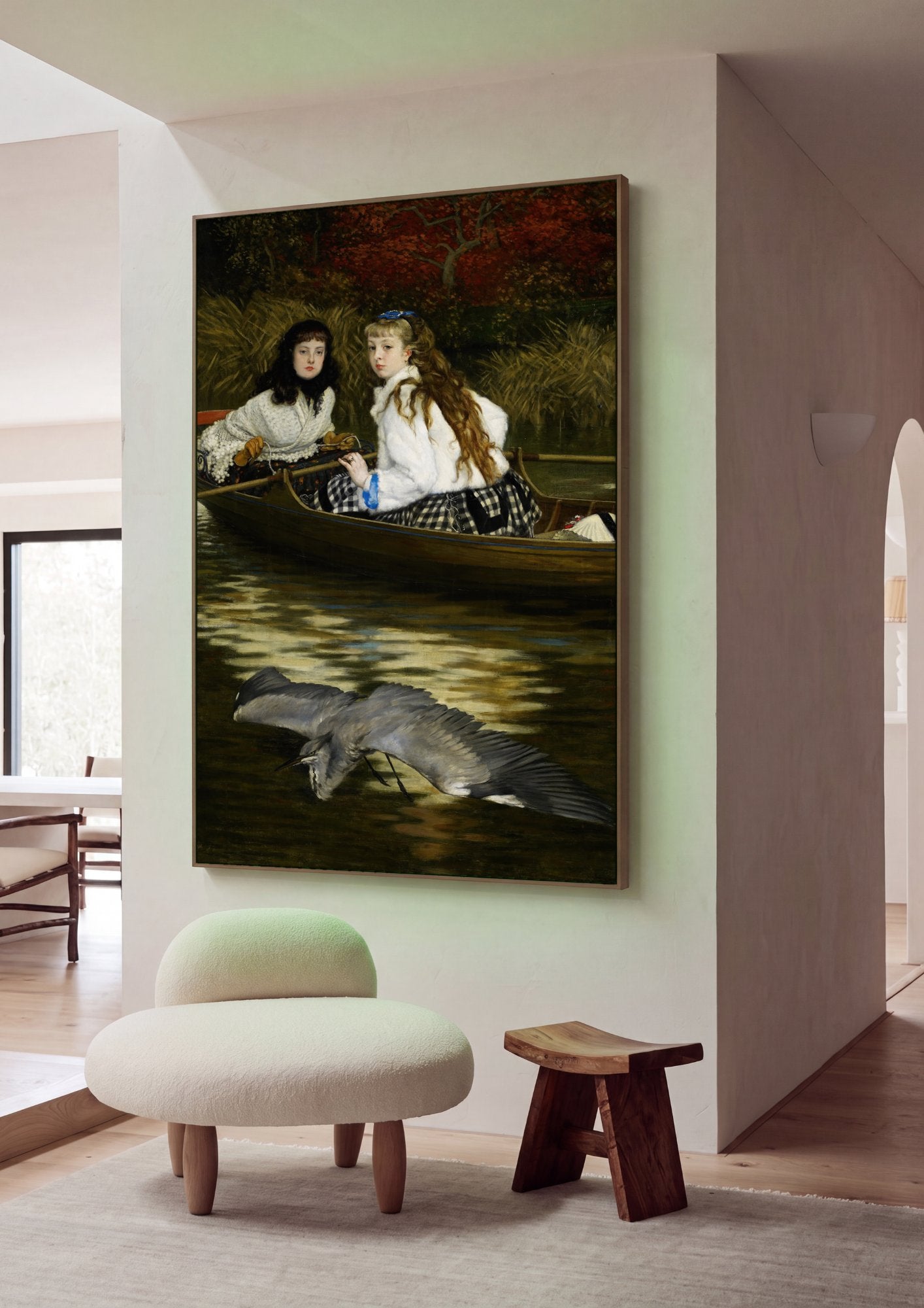 Quadro Decorativo Duas Garotas em Barco com Garça - Tissot em ambiente decorado