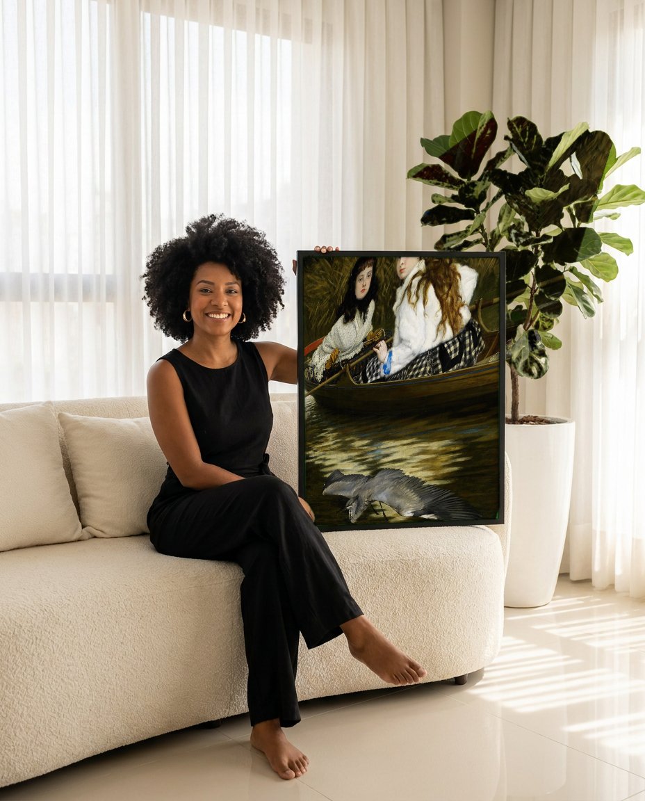 Quadro Decorativo Duas Garotas em Barco com Garça - Tissot com modelo em ambiente