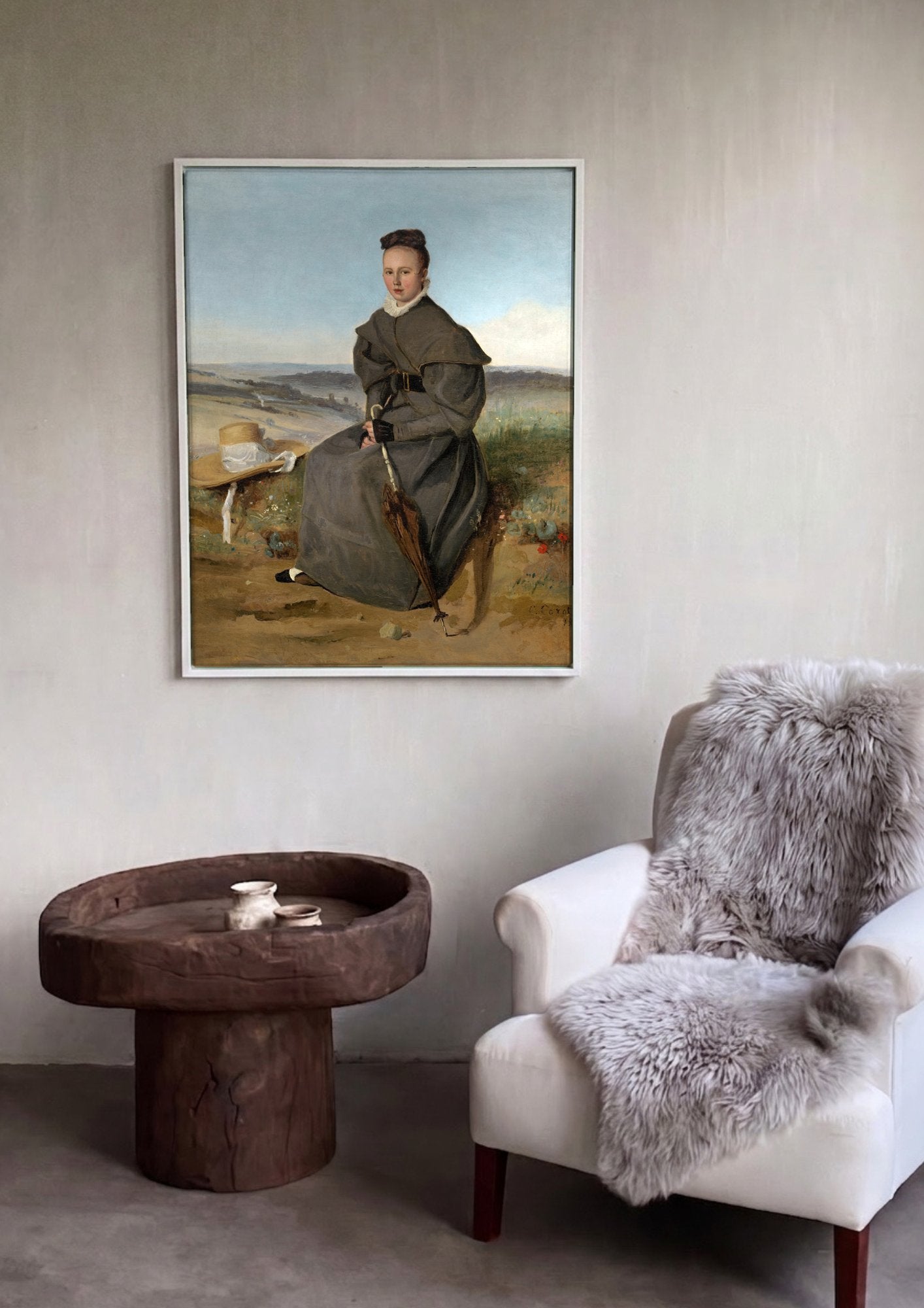 Quadro Decorativo A Mulher com o Guarda-chuva - Corot em ambiente decorado