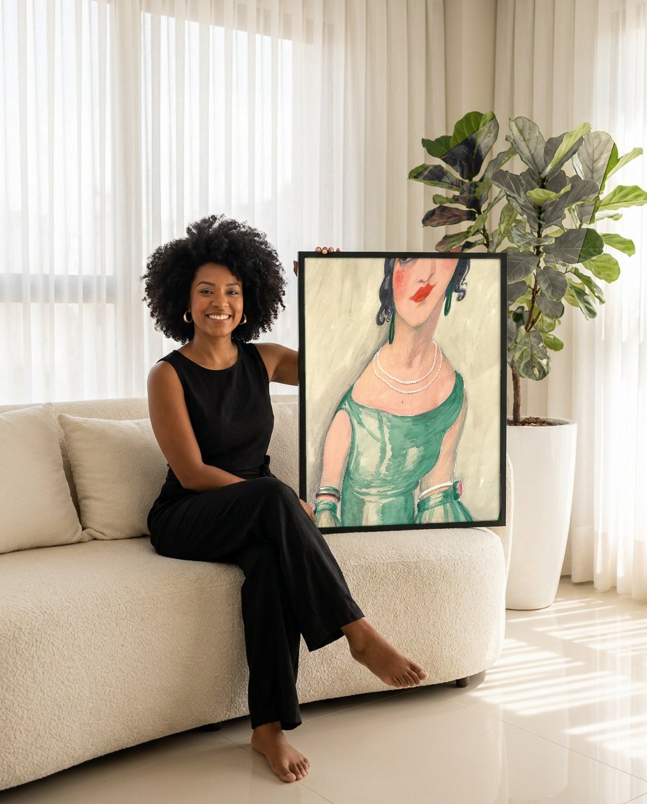Quadro Decorativo A Dama de Verde - Gerda Wegener com modelo em ambiente
