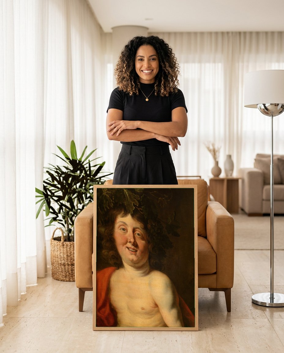 Quadro Decorativo Baco Jovem - Jacob Jordaens com modelo em ambiente