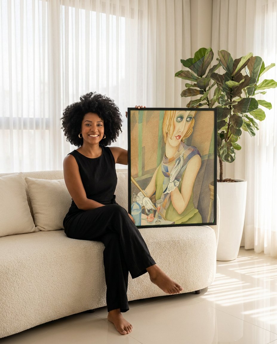 Quadro Decorativo A Dama do Sifão - Gerda Wegener com modelo em ambiente