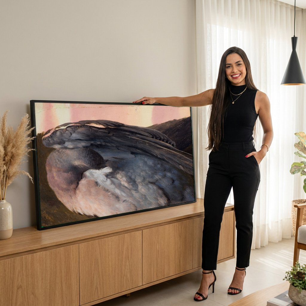 Quadro Decorativo Pomba Adormecida - Ferdinand von Wright com modelo em ambiente