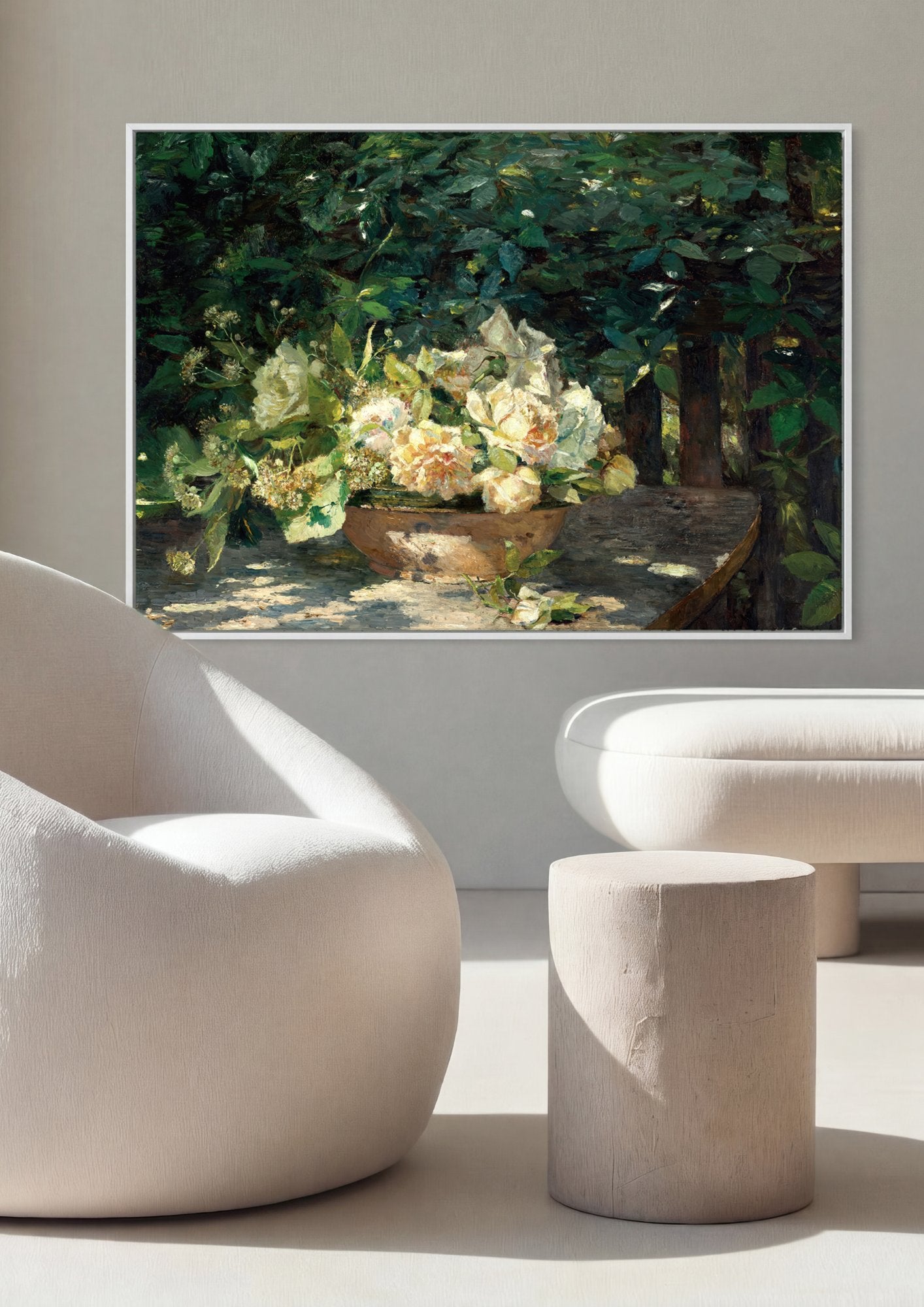Quadro Decorativo Rosas Brancas no Jardim - Marie Egner em ambiente decorado