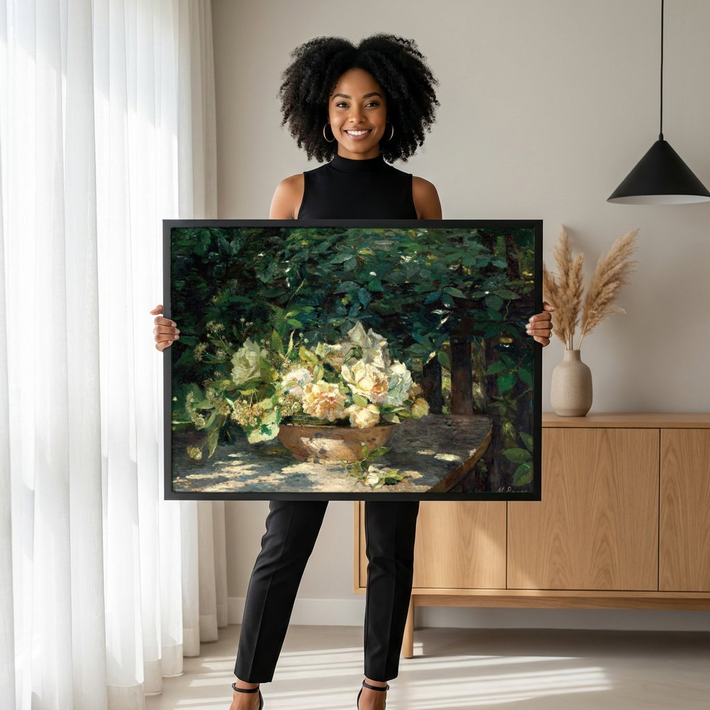 Quadro Decorativo Rosas Brancas no Jardim - Marie Egner com modelo em ambiente