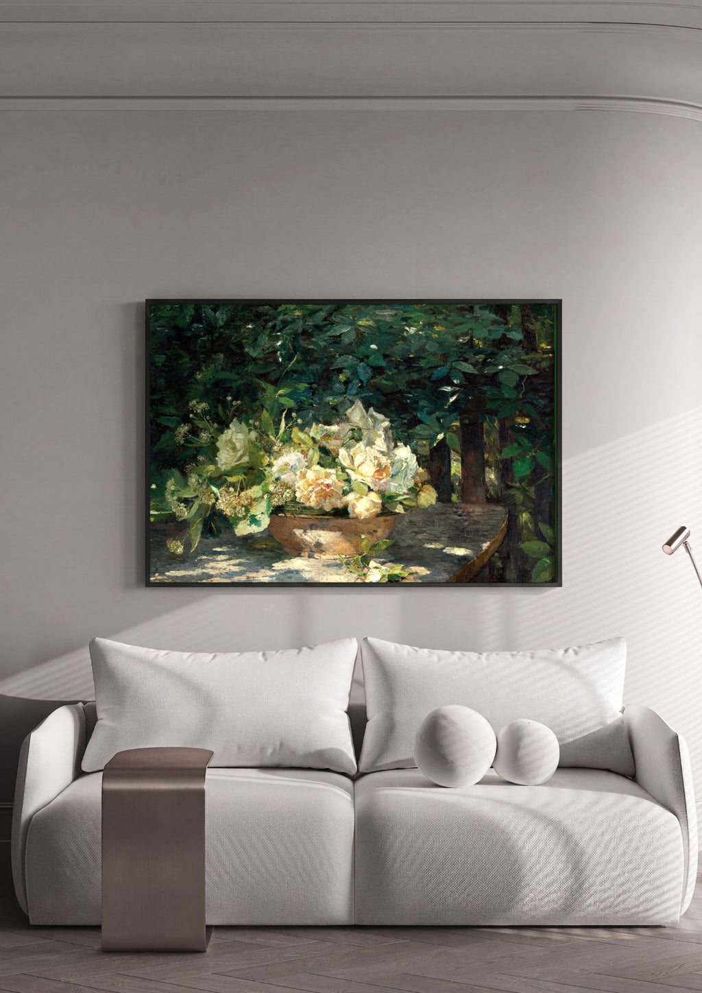 Quadro Decorativo Rosas Brancas no Jardim - Marie Egner em ambiente decorado