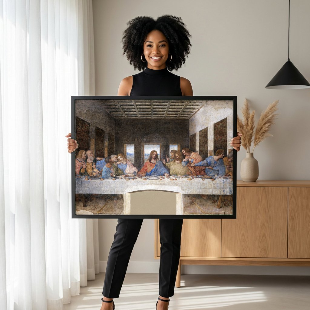 Quadro Decorativo A Última Ceia - Leonardo Da Vinci com modelo em ambiente
