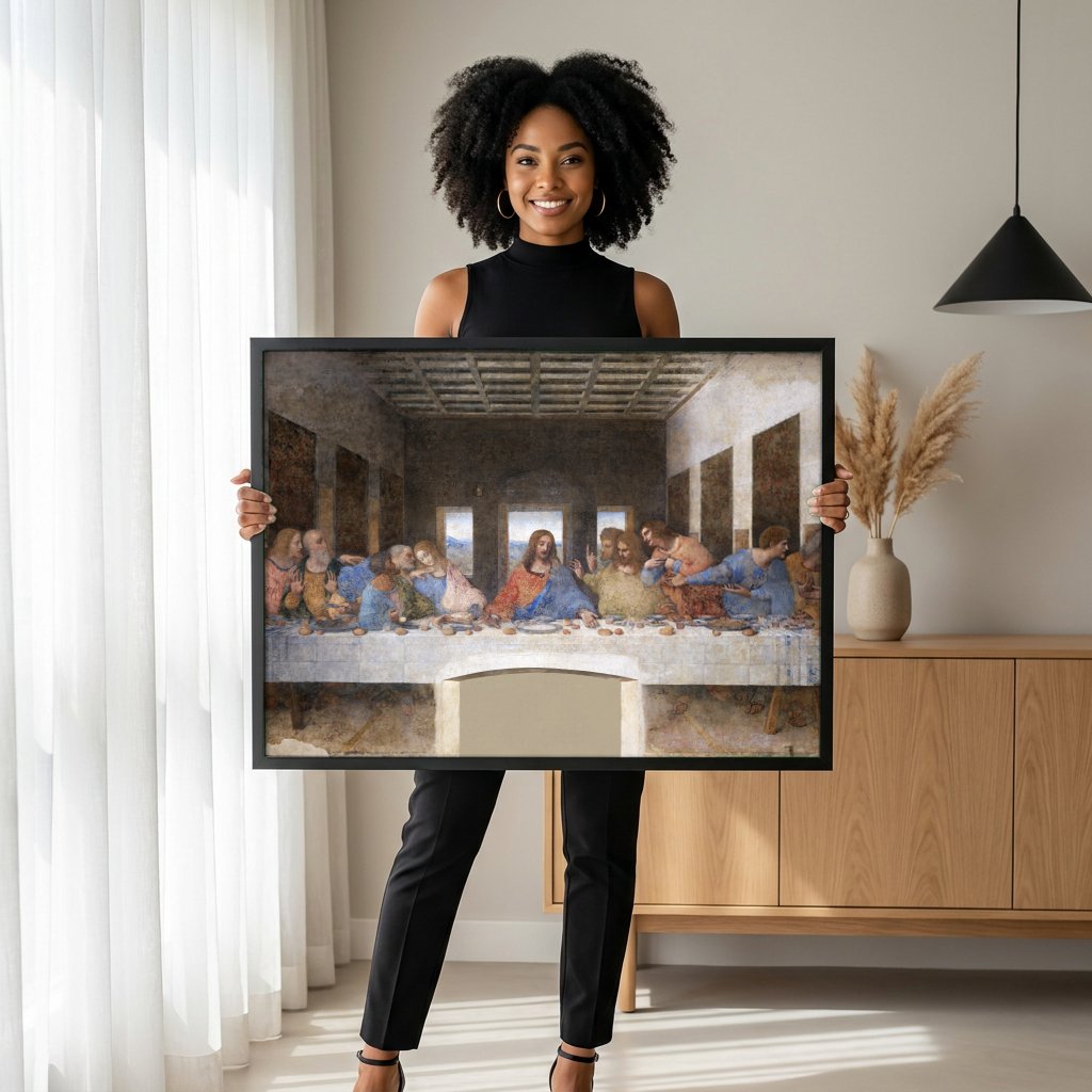 Quadro Decorativo A Última Ceia - Leonardo da Vinci com modelo em ambiente