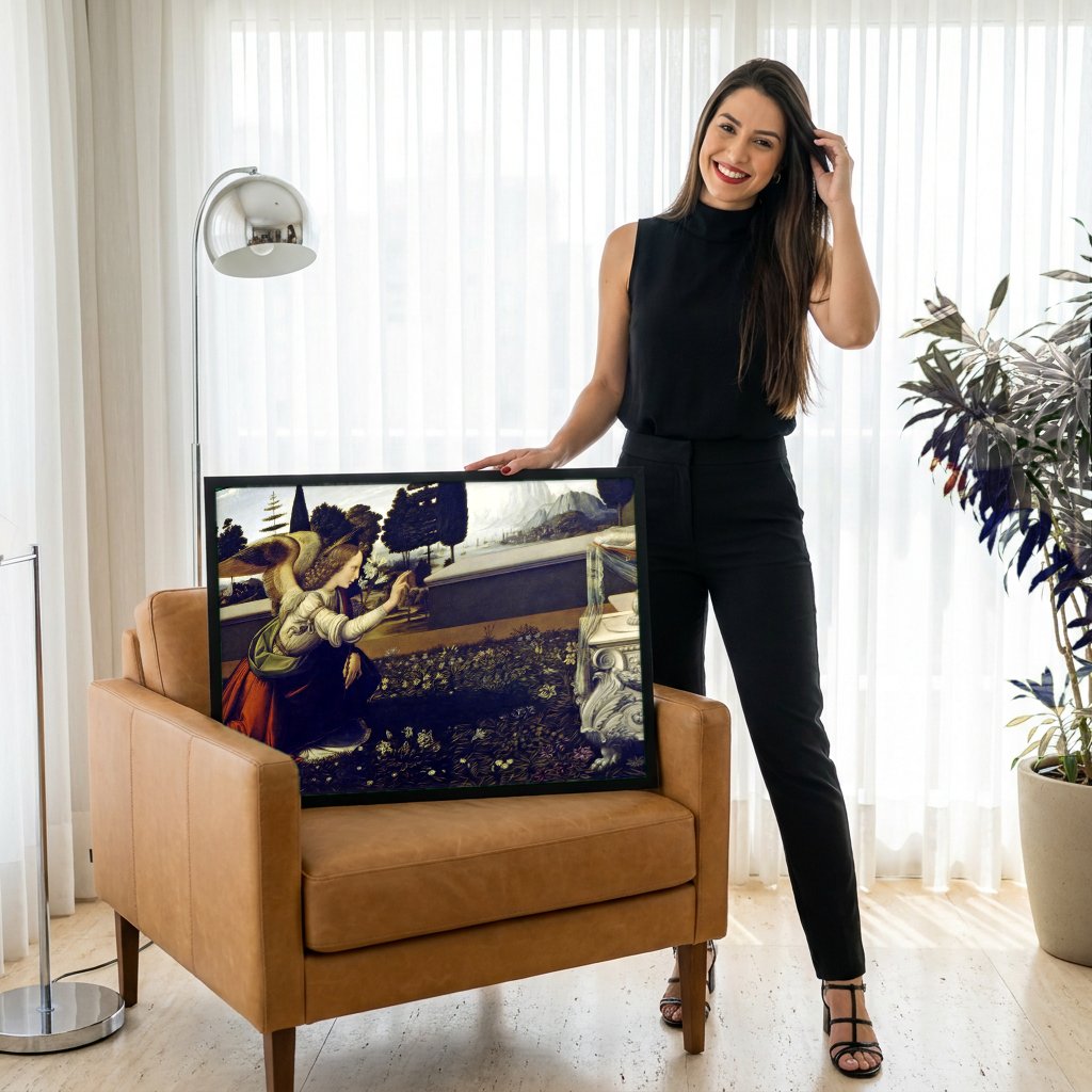 Quadro Decorativo A Anunciação - Leonardo Da Vinci com modelo em ambiente