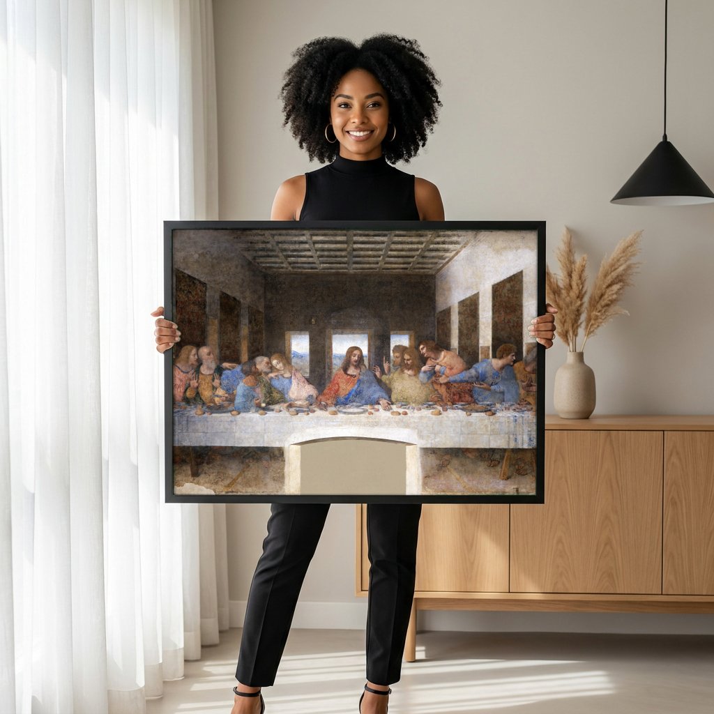Quadro Decorativo A Última Ceia - Leonardo Da Vinci com modelo em ambiente