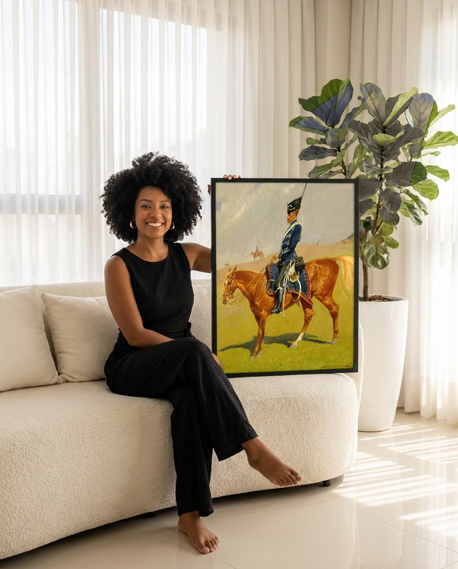 Quadro Decorativo O Lanceiro – Frederic Remington com modelo em ambiente