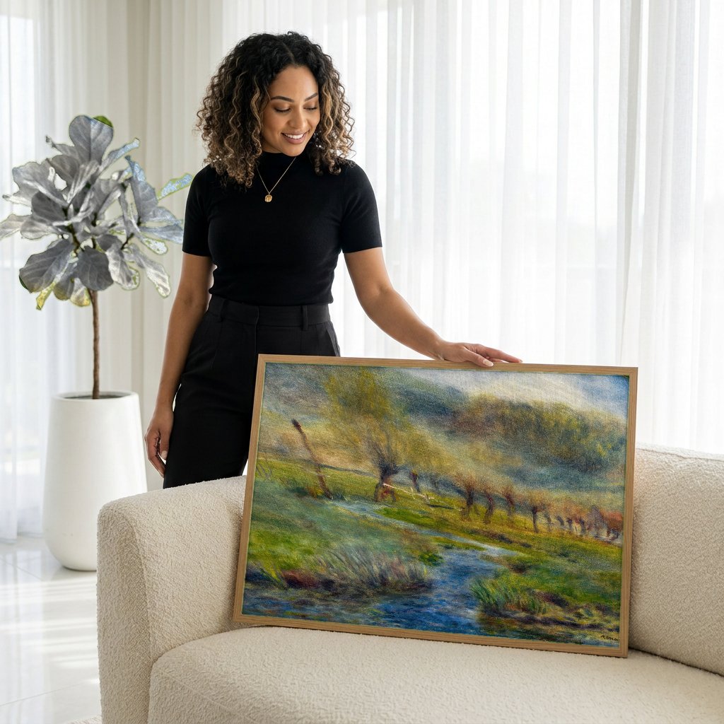 Quadro Decorativo Paisagem com Riacho - Renoir com modelo em ambiente