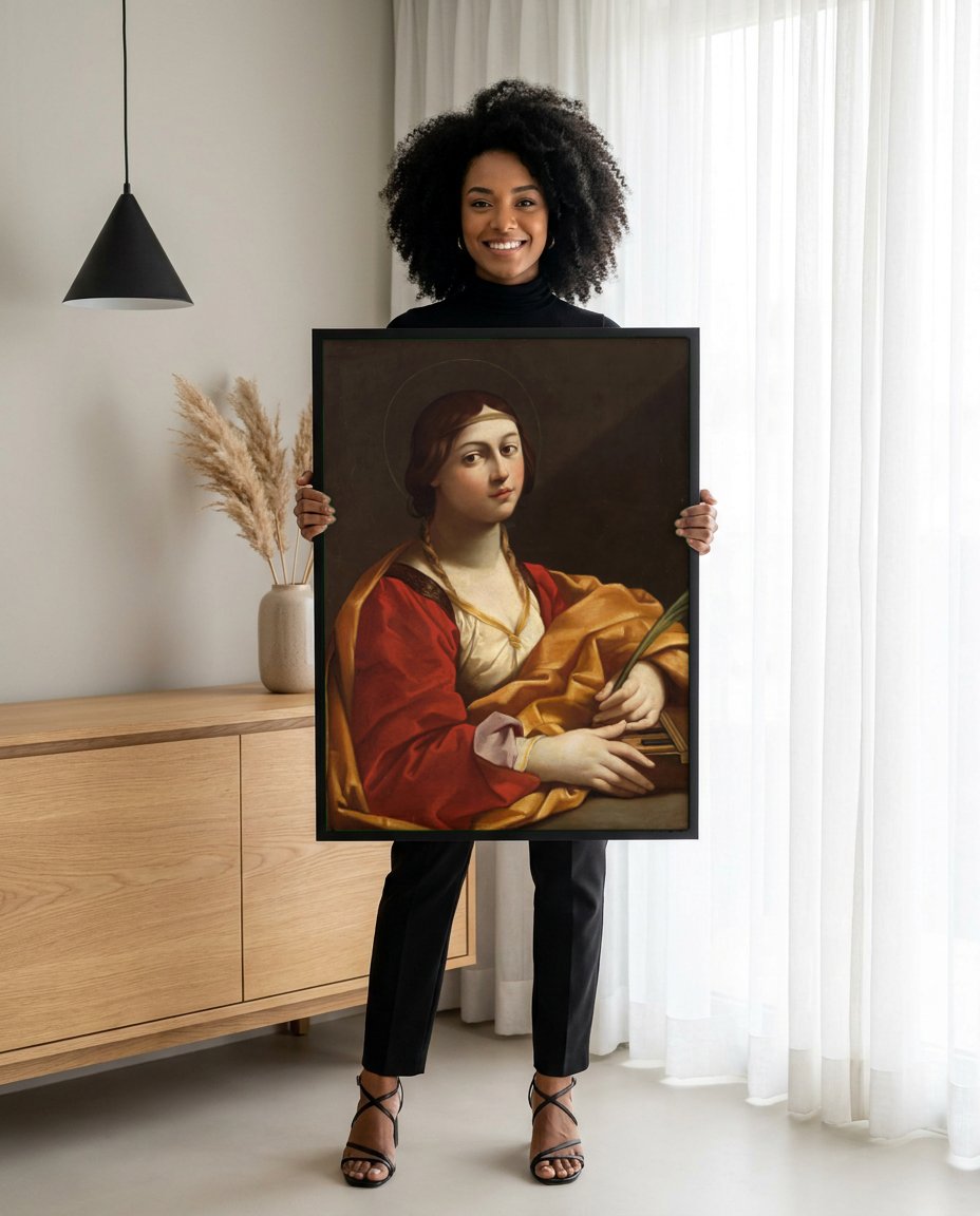 Quadro Decorativo Santa Cecília - Guido Reni com modelo em ambiente