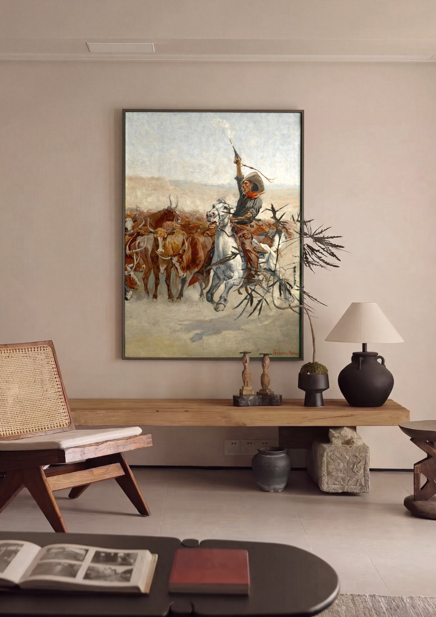 Quadro Decorativo A Stampede - Frederic Remington em ambiente decorado