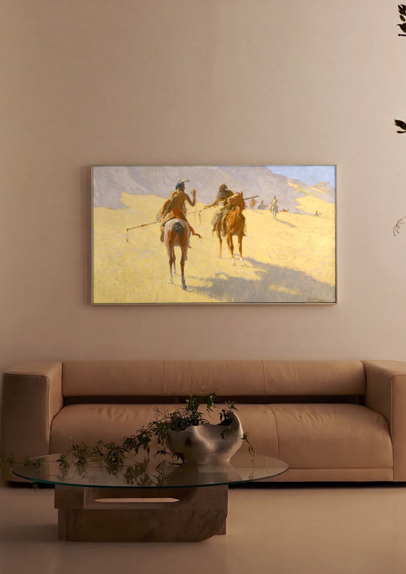 Quadro Decorativo 'A Conversa' - Frederic Remington em ambiente decorado
