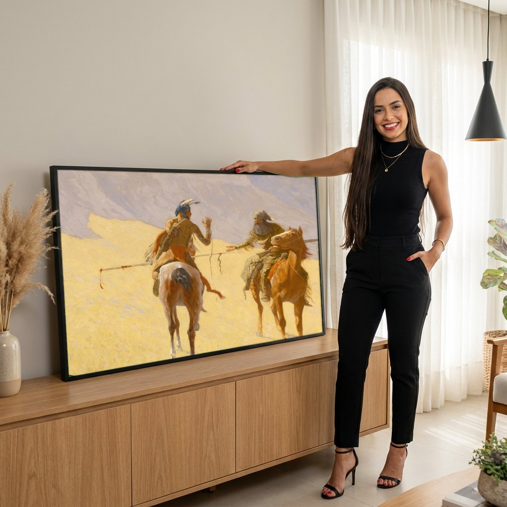 Quadro Decorativo 'A Conversa' - Frederic Remington com modelo em ambiente