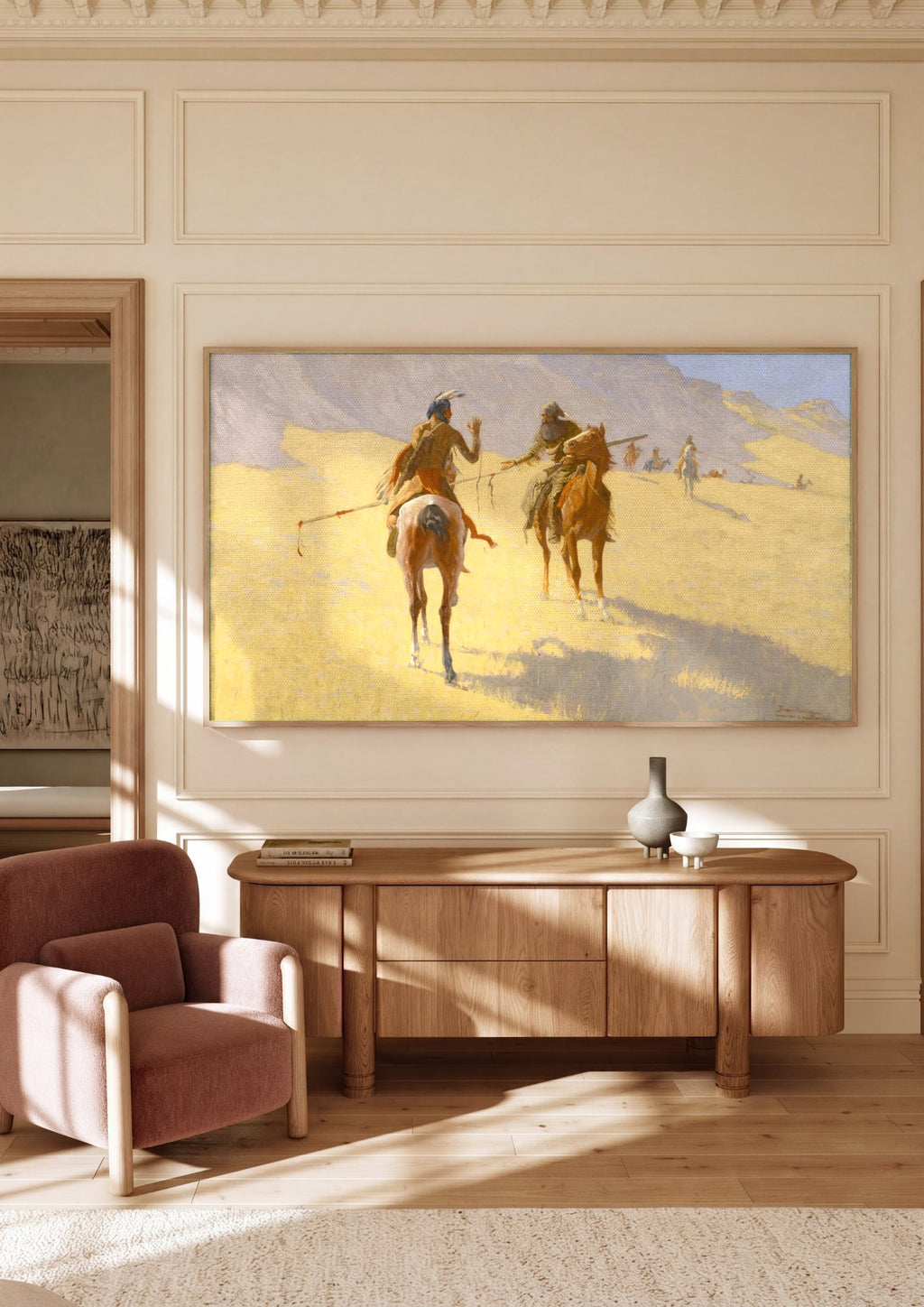 Quadro Decorativo 'A Conversa' - Frederic Remington em ambiente decorado