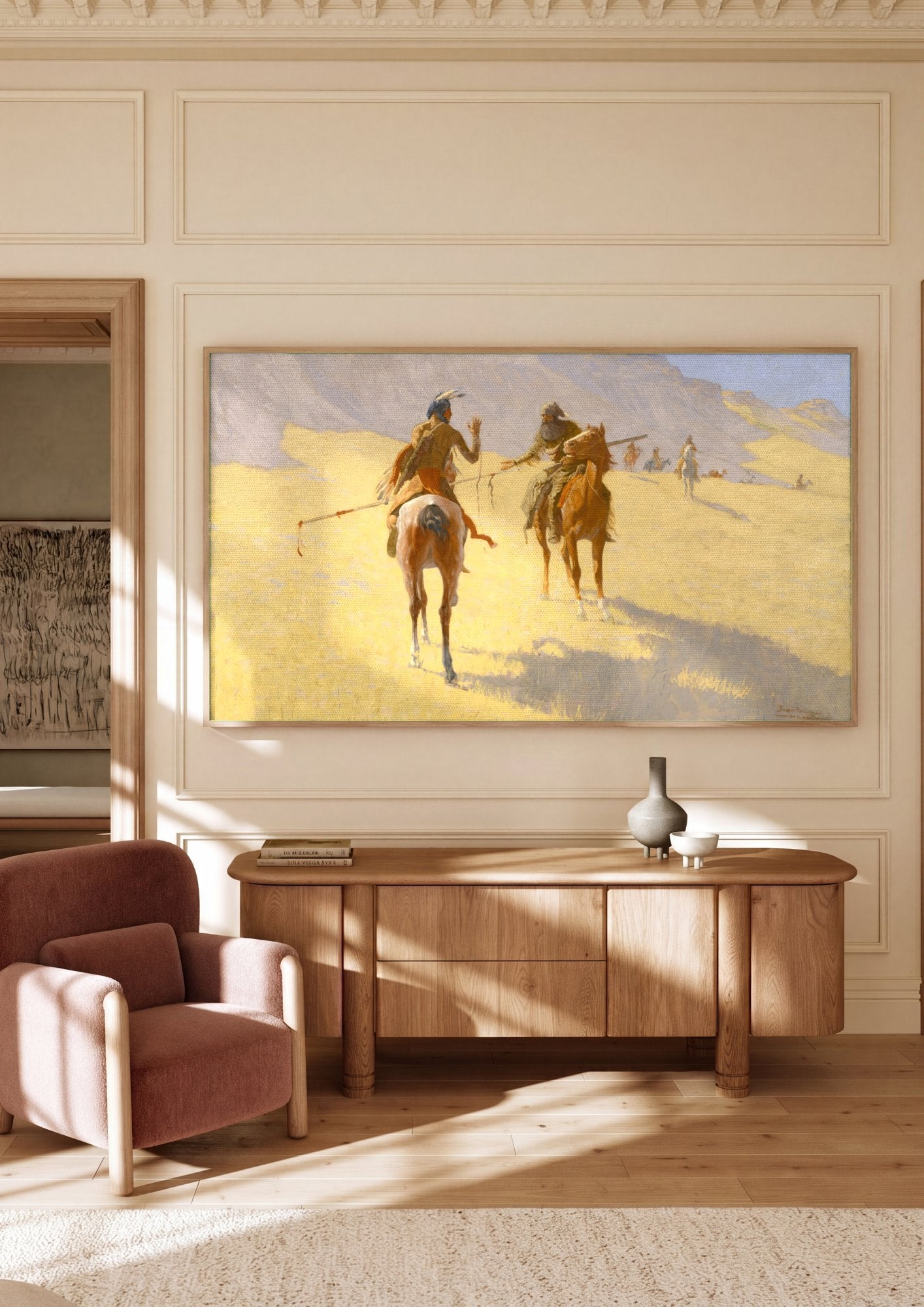 Quadro Decorativo 'A Conversa' - Frederic Remington em ambiente decorado
