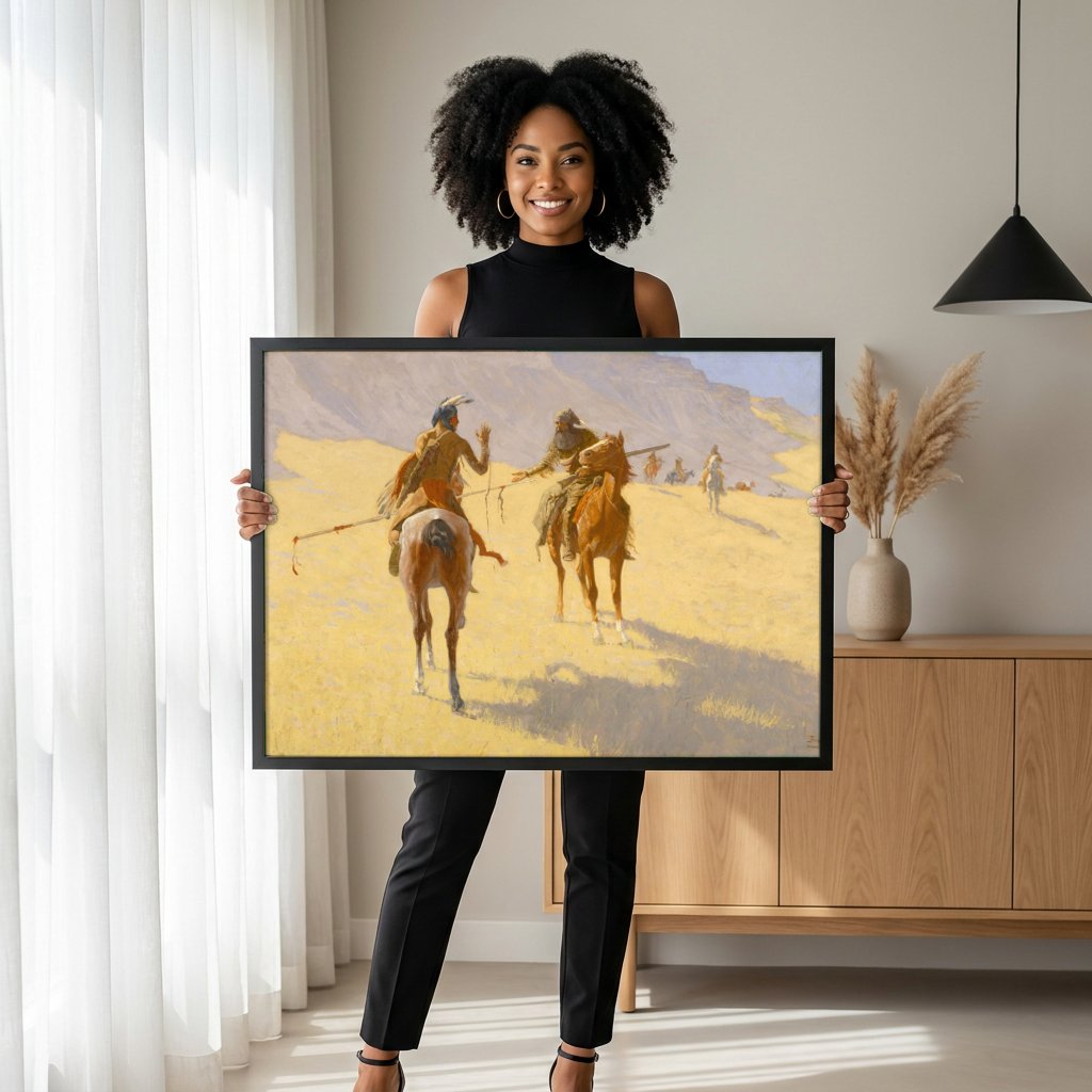 Quadro Decorativo 'A Conversa' - Frederic Remington com modelo em ambiente