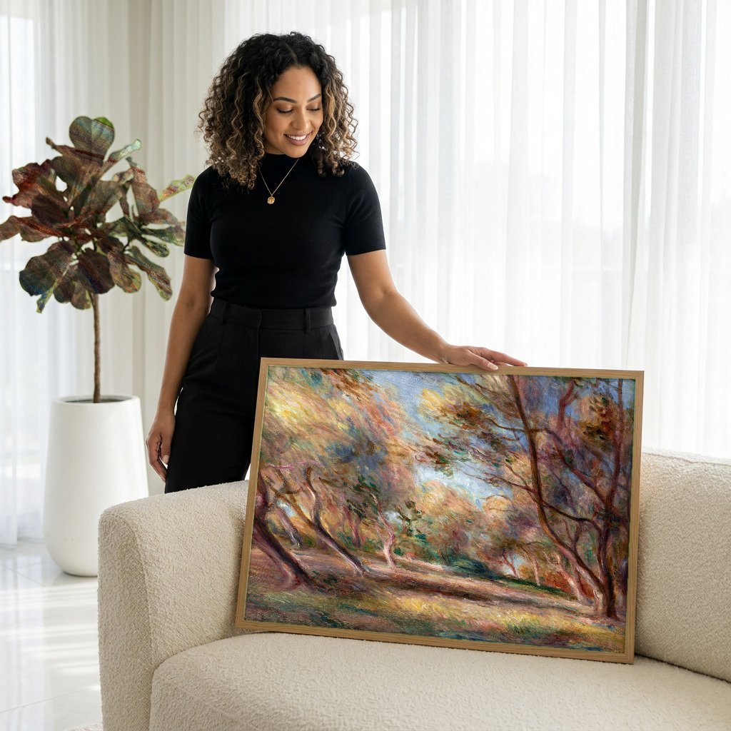 Quadro Decorativo Floresta Ensolarada - Renoir com modelo em ambiente