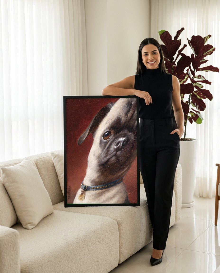 Quadro Decorativo 'Retrato de Pug' - Carl Reichert com modelo em ambiente