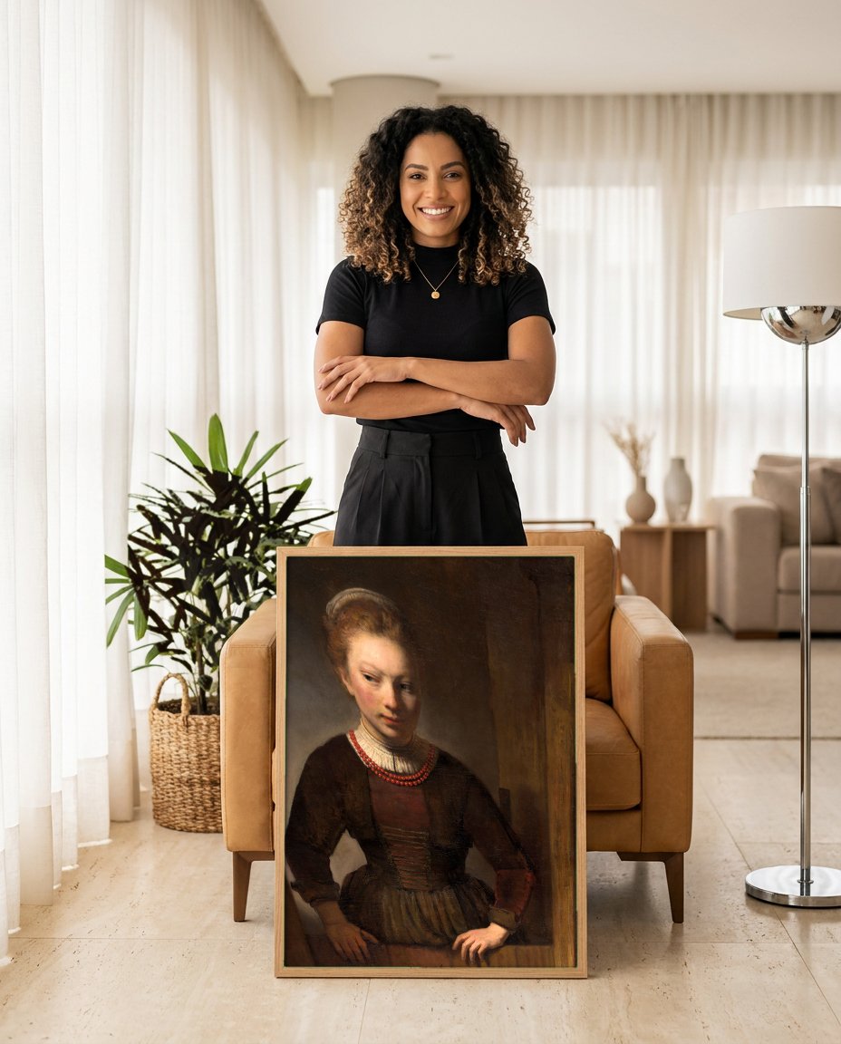 Quadro Decorativo A Jovem de Vermelho - Rembrandt com modelo em ambiente