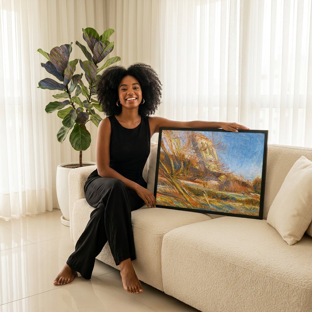 Quadro Decorativo Paisagem com Igreja - Renoir com modelo em ambiente