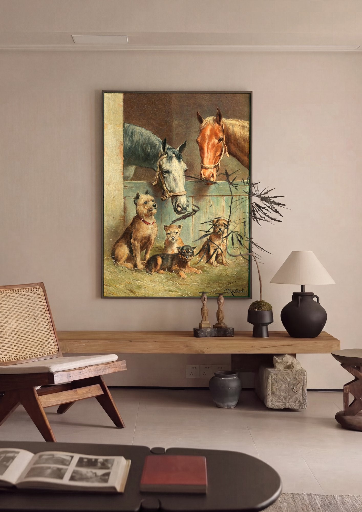 Quadro Decorativo Cães e Cavalos - Carl Reichert em ambiente decorado