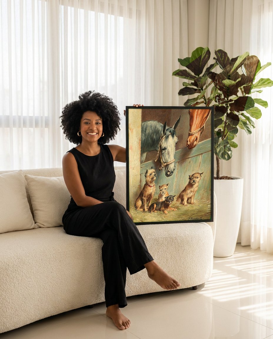 Quadro Decorativo Cães e Cavalos - Carl Reichert com modelo em ambiente
