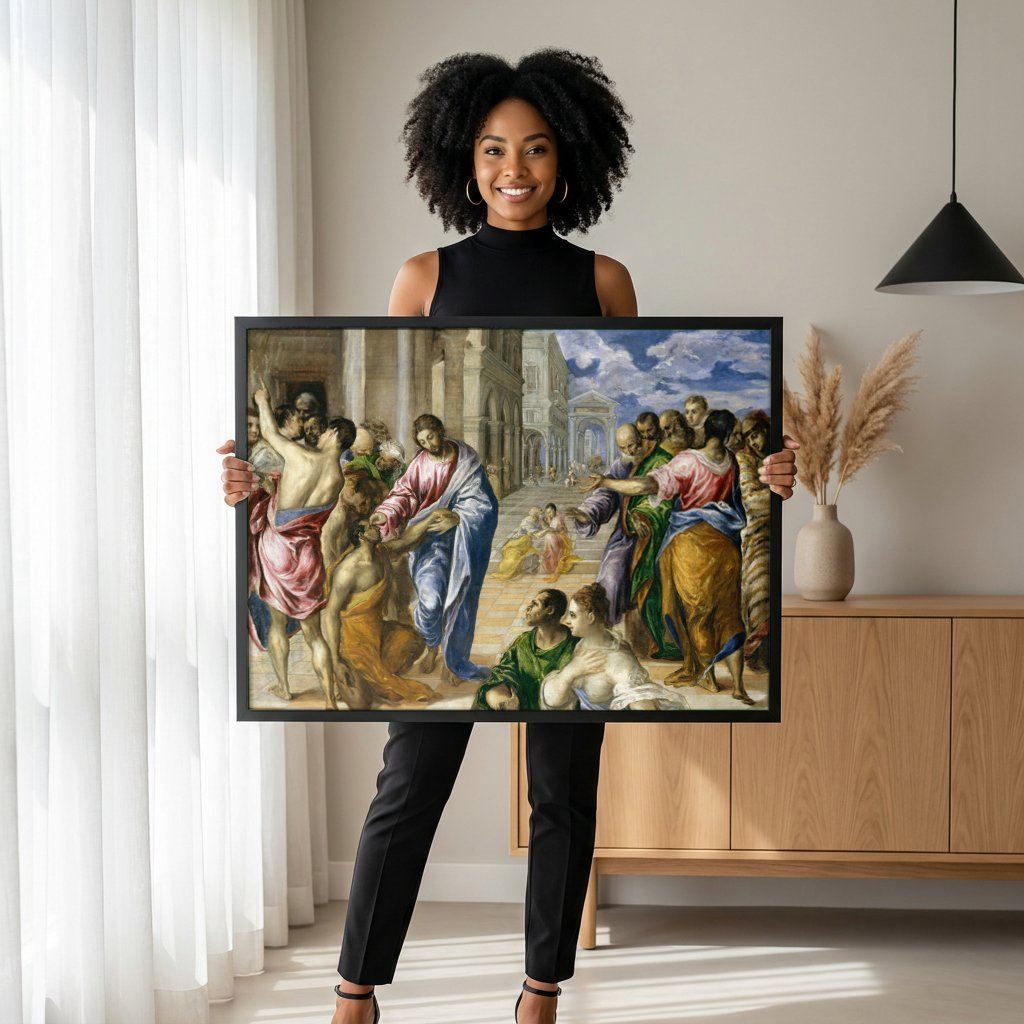 Quadro Decorativo A Cura do Cego - El Greco com modelo em ambiente