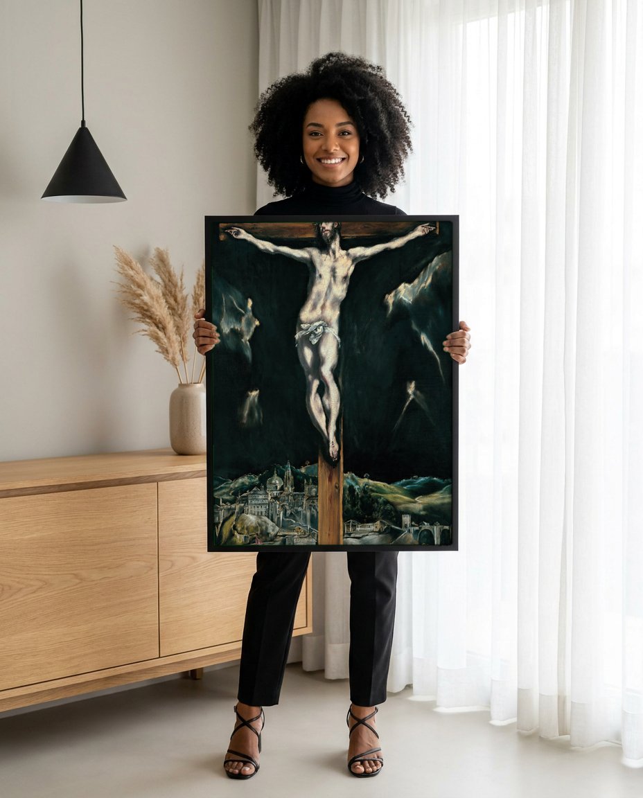Quadro Decorativo A Crucificação - El Greco com modelo em ambiente