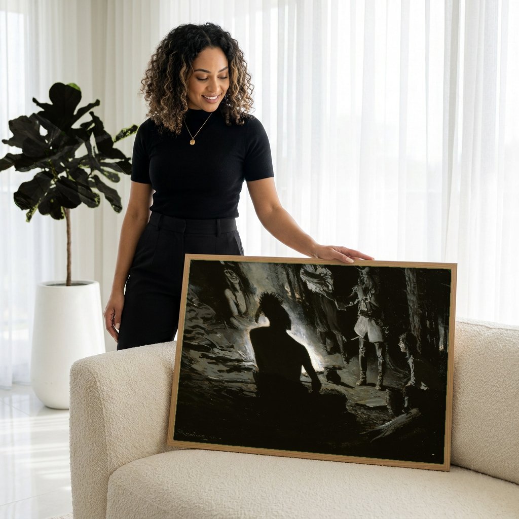 Quadro Decorativo A Reunião Noturna - Frederic Remington com modelo em ambiente