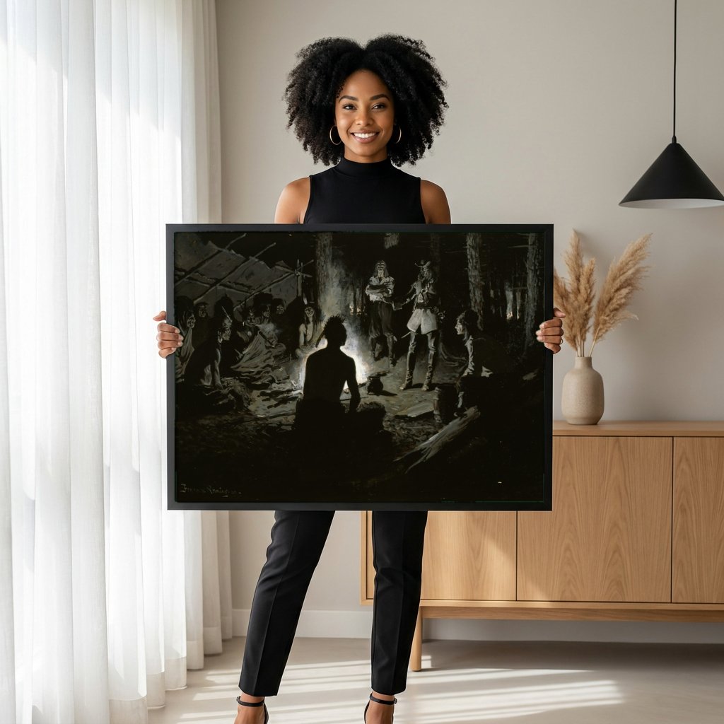 Quadro Decorativo A Reunião Noturna - Frederic Remington com modelo em ambiente