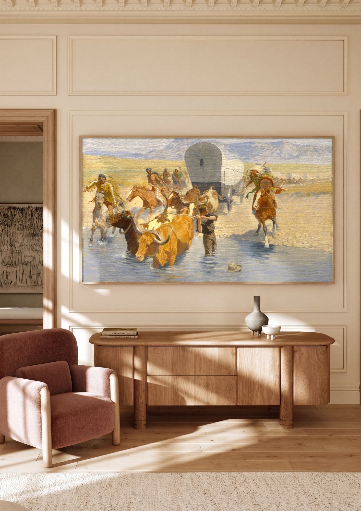 Quadro Decorativo A Passagem do Rio - Frederic Remington em ambiente decorado