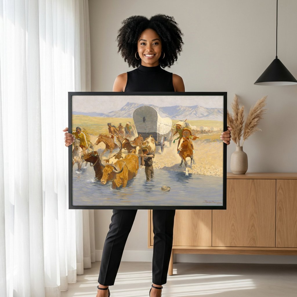 Quadro Decorativo A Passagem do Rio - Frederic Remington com modelo em ambiente