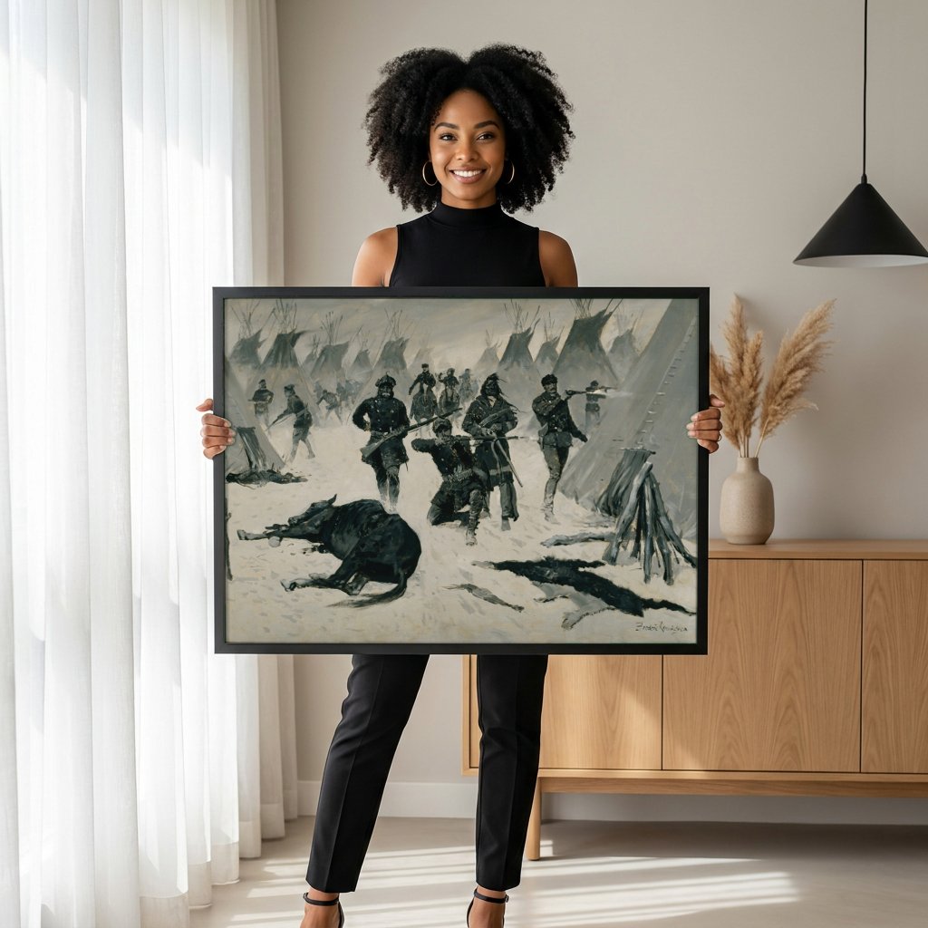 Quadro Decorativo A Batalha na Neve - Frederic Remington com modelo em ambiente