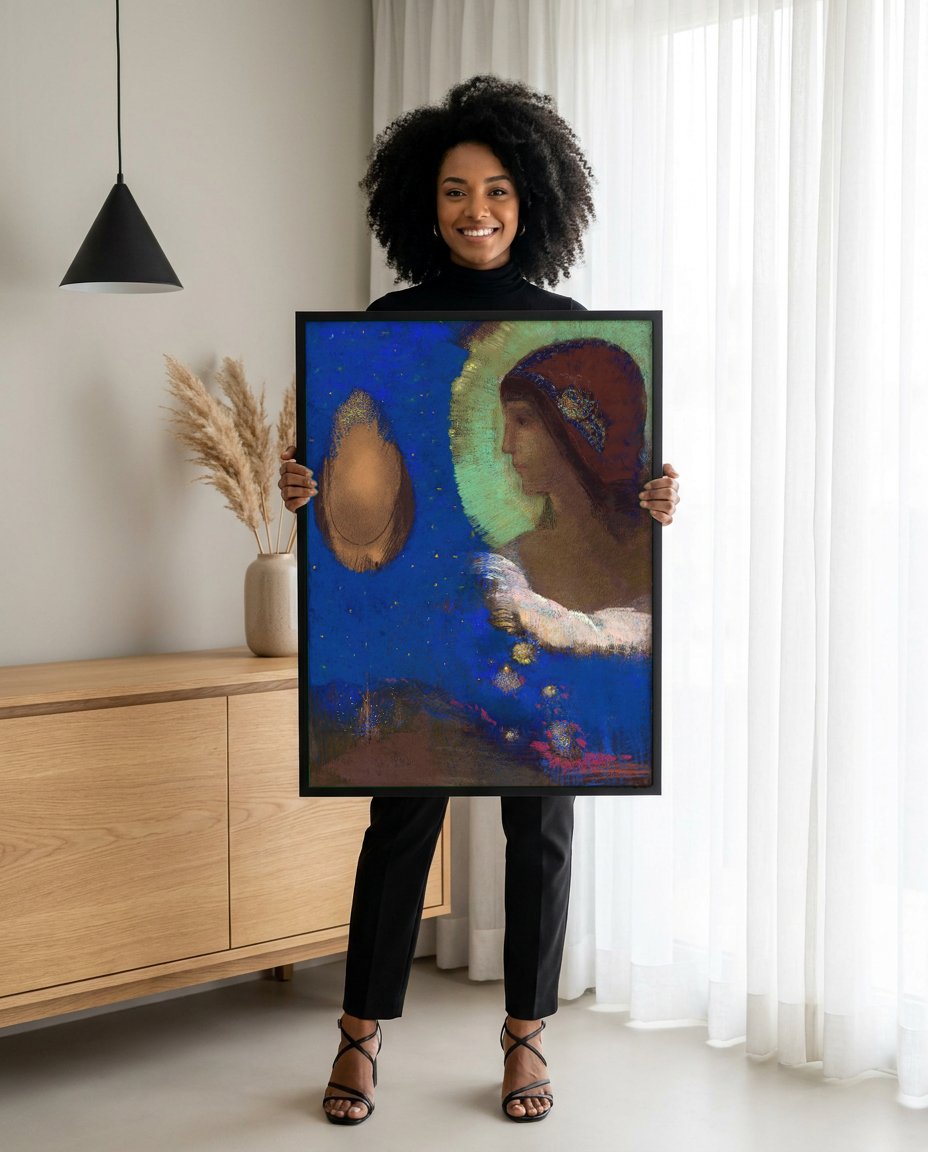 Quadro Decorativo A Meditação - Odilon Redon com modelo em ambiente