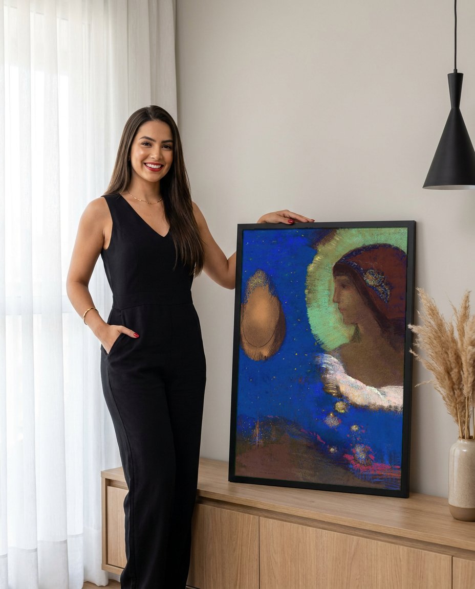 Quadro Decorativo A Meditação - Odilon Redon com modelo em ambiente