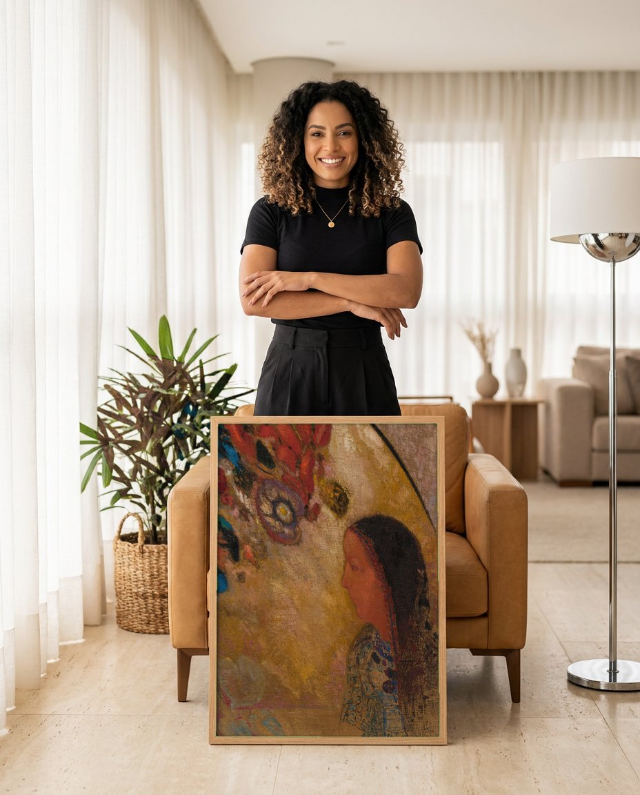 Quadro Decorativo A Meditação - Odilon Redon com modelo em ambiente