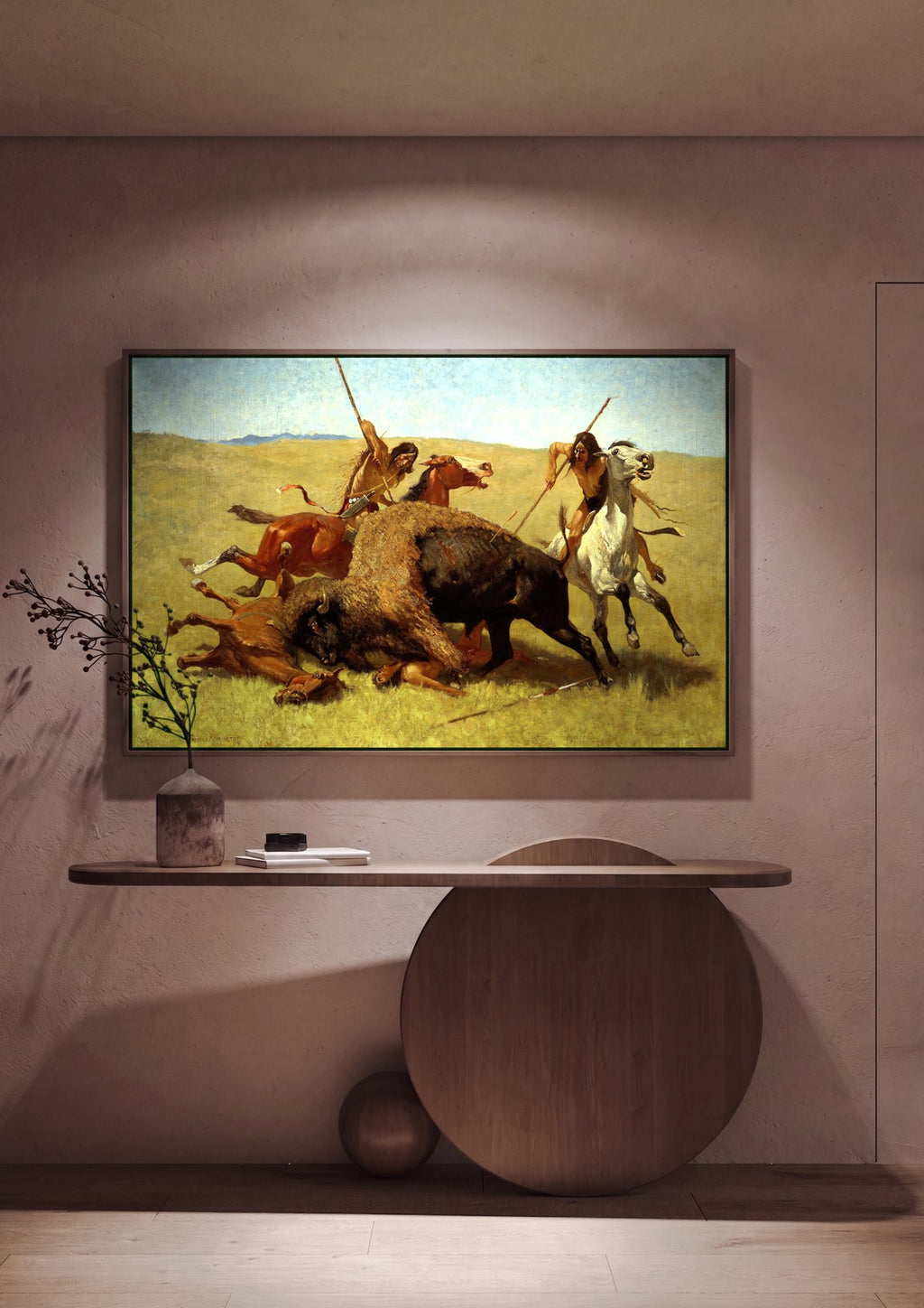 Quadro Decorativo A Caçada ao Bisão - Frederic Remington em ambiente decorado