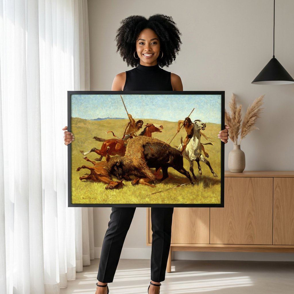 Quadro Decorativo A Caçada ao Bisão - Frederic Remington com modelo em ambiente